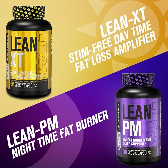 Jacked Factory Burn-XT Clinically Studied Thermogenic Fat Burner (120 Capsules), Lean PM Nighttime Fat Burner and Sleep Aid (120 Capsules), Lean-XT Caffeine-Free Weight Loss Supplement (60 Capsules)