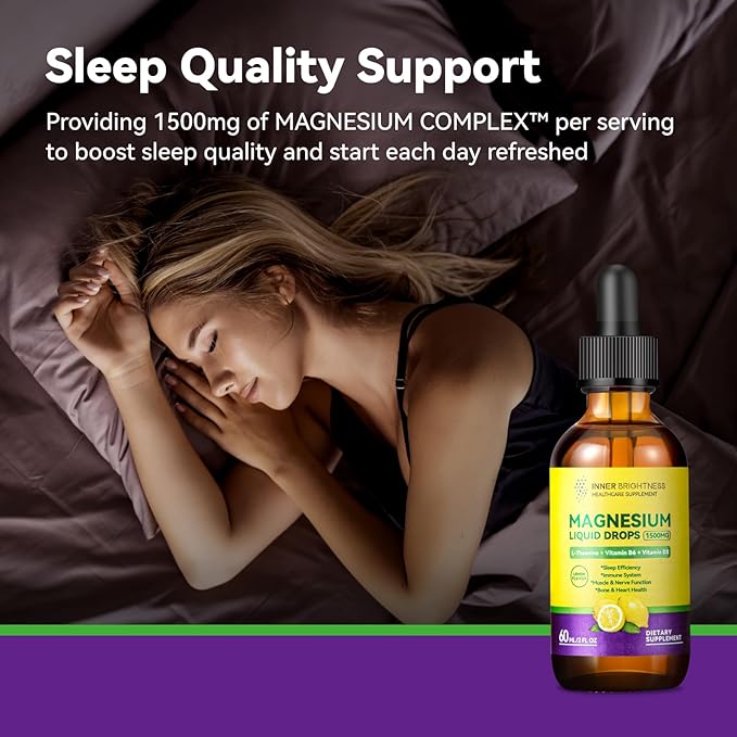 Magnesium Glycinate Liquid Drops 1500mg with Magnesium Citrate & Taurate, L-Theanine, Vitamin D3, B6 - Supports Calm, Sleep, Muscle Relaxation, Leg Cramps & Energy, Lemon Flavor, 60 mL