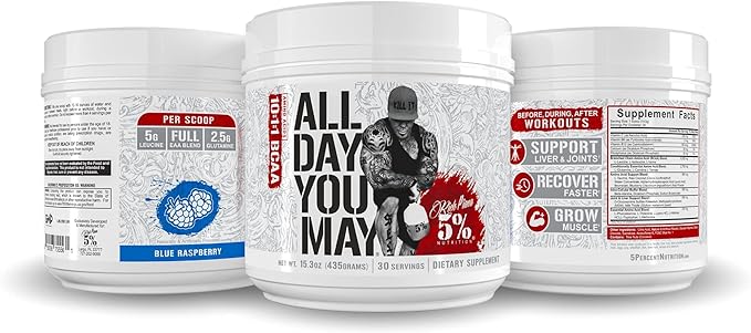 5% Nutrition Rich Piana Bundle | AllDayYouMay BCAA Powder + Kill It Reloaded High-Stim Pre-Workout (Blue Raspberry)