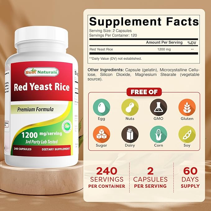 Best Naturals Red Yeast Rice 1200mg Per Serving 240 Capsules - Premium Formula - 3rd Party Lab Tested