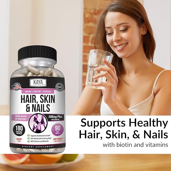 Kaya Naturals Hair Skin Nail Capsules BIOTIN Vitamin D Vitamin B-12 A Folic Acid Support, Hair Support Vitamin Supplement - 180 Count