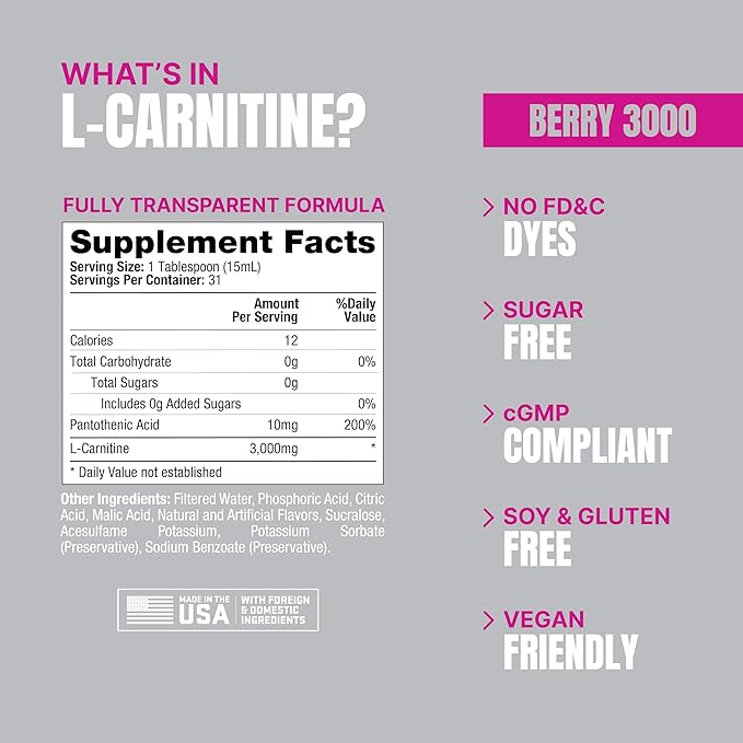 PROSUPPS L-Carnitine Liquid 3000, Stimulant-Free Liquid Shots for Men & Women - Clean Workout Drink for Energy, Performance & Muscle Recovery - No Sugar, No Carbs - 31 Servings, Berry