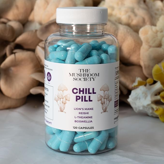Chill Pill - Lion’s Mane, Reishi, L-Theanine & Boswellia Extract Blend - Mushrooms Supplement for Relax, Recover & Recharge - 120 Capsules