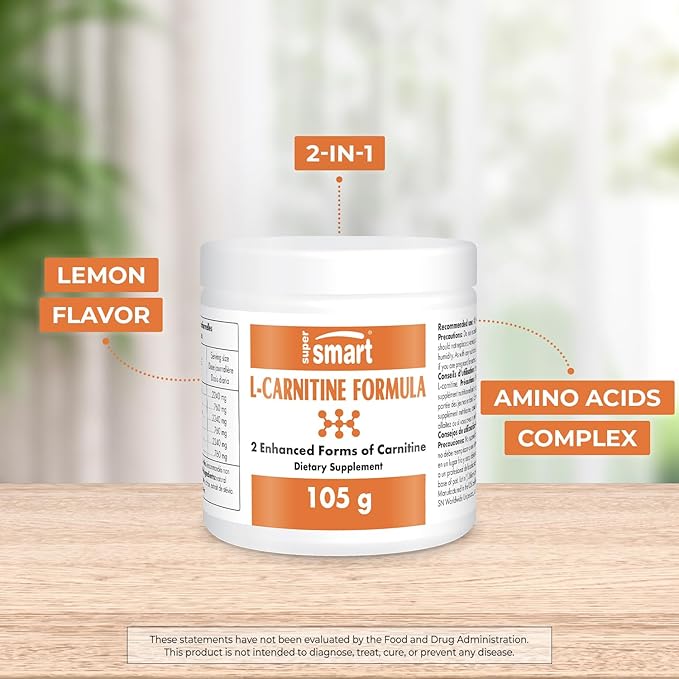 Supersmart - L-Carnitine Formula (Natural Lemon Flavor) - 2-in-1 with Acetyl L-Carnitine & L-Carnitine Tartrate Powder - Amino Acids Complex Supplement | Non-GMO & Gluten Free - 105 g