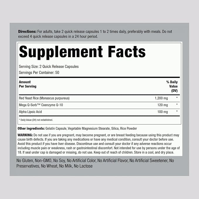Piping Rock CoQ10 with Red Yeast Rice | 100 Capsules | with Alpha Lipoic Acid | Non-GMO, Gluten Free Supplement