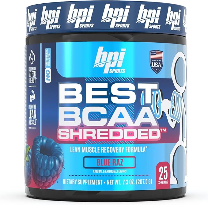 BPI Sports Best BCAA Shredded Caffeine-Free Thermogenic Recovery Formula BCAA Powder Lean Muscle Building Accelerated Recovery - Hydration - Blue Raspberry- 25 Servings - 9.7 Ounce