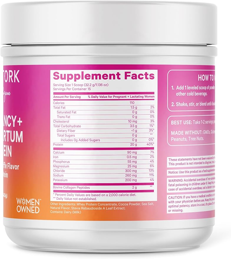 Pink Stork Pregnancy and Postpartum Protein Powder - 20 g Chocolate Whey and Collagen Protein - Prenatal, Postnatal & Lactation Support, Breastfeeding Essentials - 15 Servings