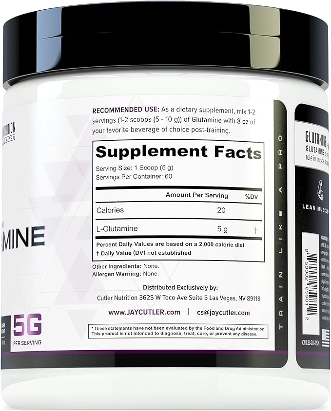 Cutler Essentials 100% Pure L-Glutamine for Enhanced Recovery, Lean Muscle Support and Improved Protein Synthesis | Unflavored, 60 Servings