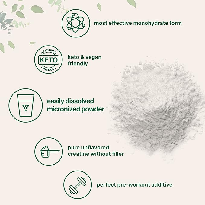 Instant Creatine Monohydrate Powder 1 kg (2.2 Lbs), 5000mg Per Serv, Micronized Creatine Powder, Unflavored, Pure, No Filler, Keto & Vegan Friendly, Easy Dissolve Pre Workout for Women and Men