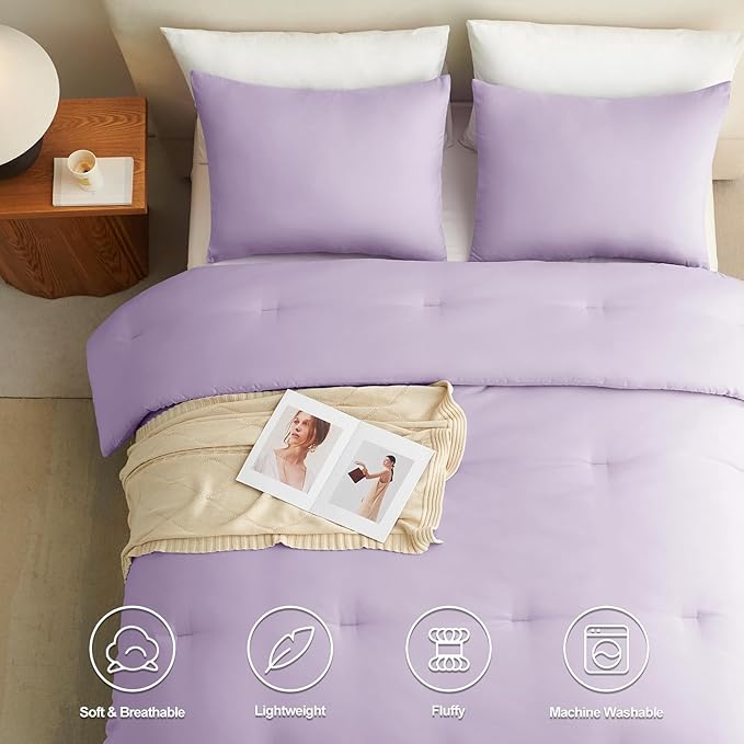 CozyLux Lavender Purple Comforter Set Queen Size, 3 Pieces Solid Breathable Quilted Boho Style Bedding Sets, Luxury Fluffy Soft Microfiber Comforter for All Season(1 Comforter & 2 Pillowcases)