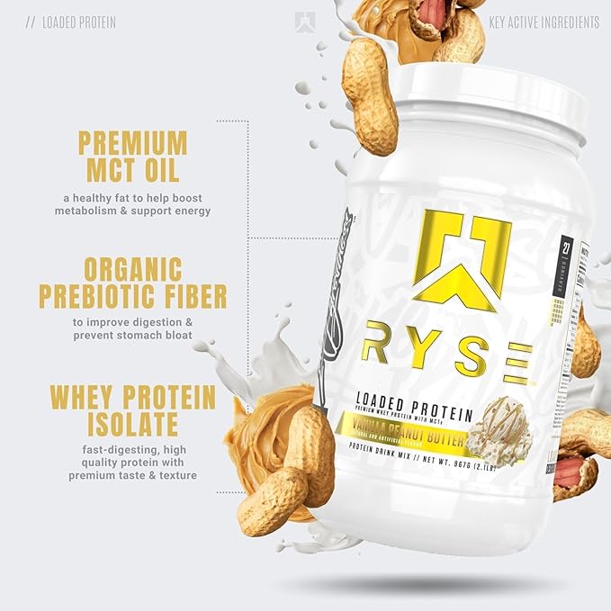 Ryse Loaded Protein Powder - Vanilla Peanut Butter - 25g Whey Protein Isolate & Concentrate with Prebiotic Fiber & MCTs - Low Carb, Low Sugar, Digestive-Friendly - 27 Servings / 2 lb Tub