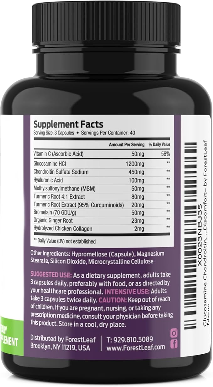 Glucosamine Chondroitin MSM Complex Supplement - Triple Strength 1200mg Joint Support Supplement for Women & Men with Turmeric, Hyaluronic Acid and Bromelain for Muscle Flexibility - 120 Caps