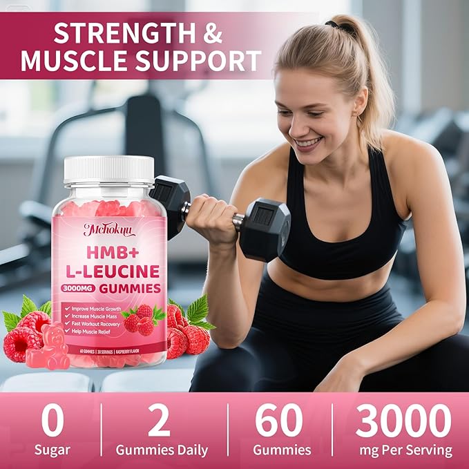 HMB and Leucine Gummies 3000mg, Leucine Amino Acid HMB Supplements for Men & Women for Muscle Growth, Muscle Relief and Workout Recovery, Sugar Free Vegan Non-GMO, Raspberry Flavor, 60 Count