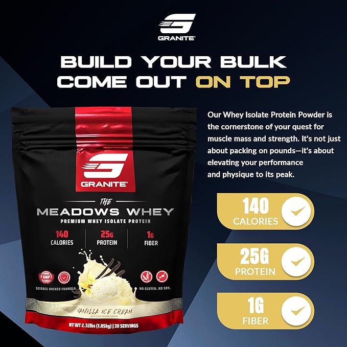 Granite Supplements The Meadows Whey Protein Isolate Protein Powder for Lean Muscle with 150 Calories, 2g Fiber, 1g Sugar (30 Servings), Vanilla Ice Cream Flavor