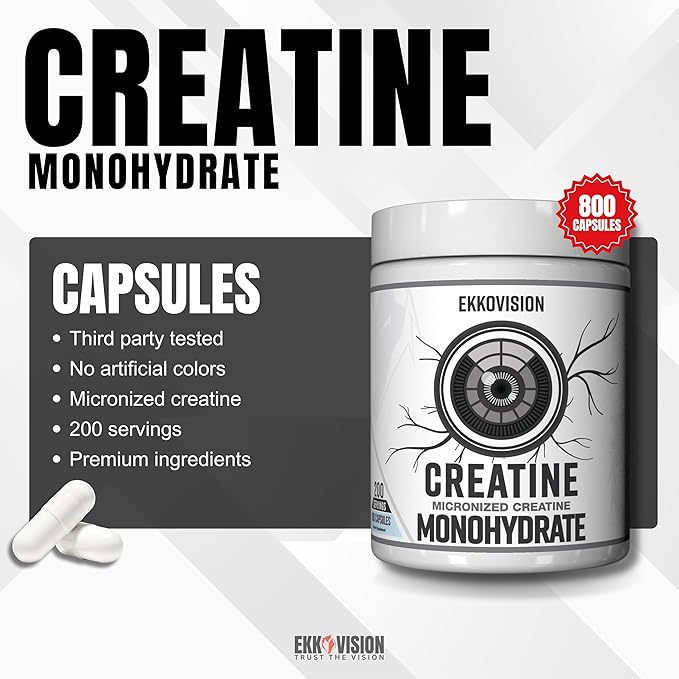 Creatine Monohydrate Capsules, Micronized, Capsules, Pre Workout & Post Workout Supplement for Men and Women, Energy Support, Smoothies & Beverages, 200 Servings