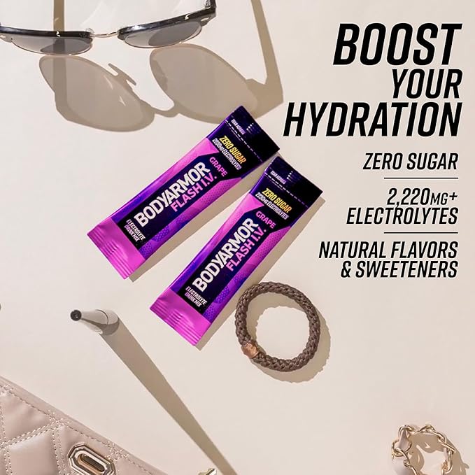 BODYARMOR Flash IV Electrolyte Packets, Grape - Zero Sugar Drink Mix, Single Serve Packs, Coconut Water Powder, Hydration for Workout, Travel Essentials, Just Add Sticks to Liquid (15 Count)