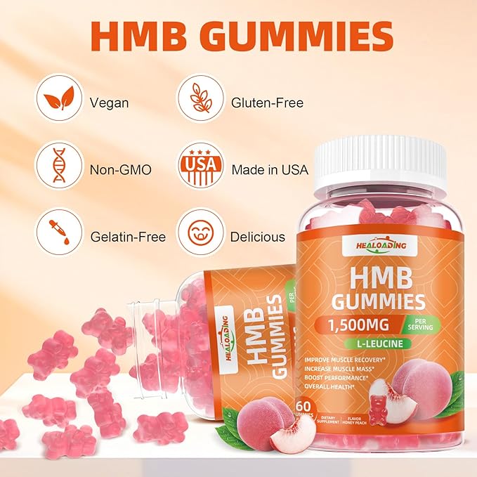 HMB and Leucine Gummies Supplement: HMB Supplements for Men 1500mg and Leucine Amino Acid for Muscle Recovery Increase Muscle Mass Improve Endurance Non-GMO Sugar Free Peach 60 Gummies