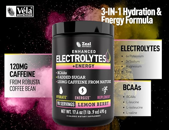 Pre-Workout Electrolyte + Energy Powder Drink Mix (90 Servings | Lemon Berry) w/ 0 Sugar +BCAAs +B-Vitamins Electrolyte Supplement w Potassium Zinc & Magnesium for Hydration - Keto Electrolytes