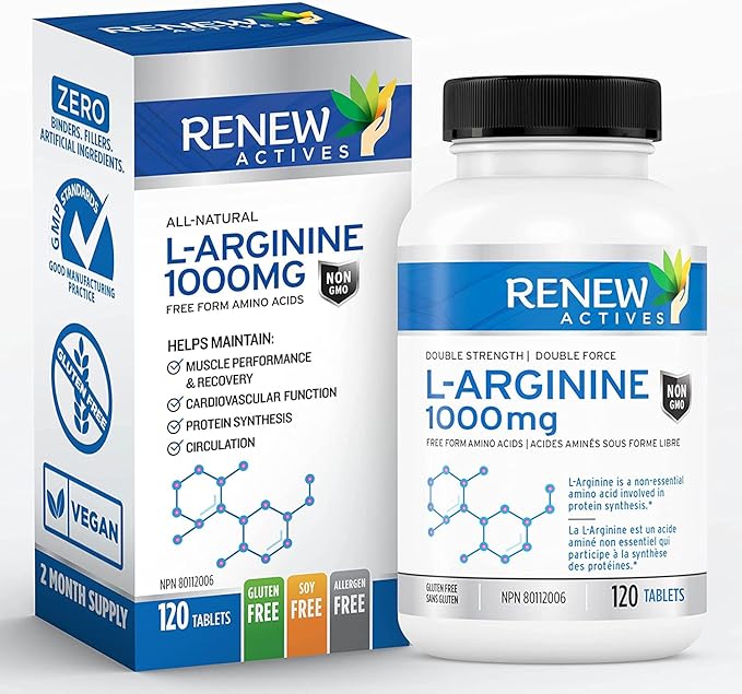 Renew Actives L-Arginine Supplement 1000MG for Serving - Strength & Endurance, Essential for Protein Synthesis & Muscle Function, Physical Performance Booster - Made in Canada - 120 Tablets