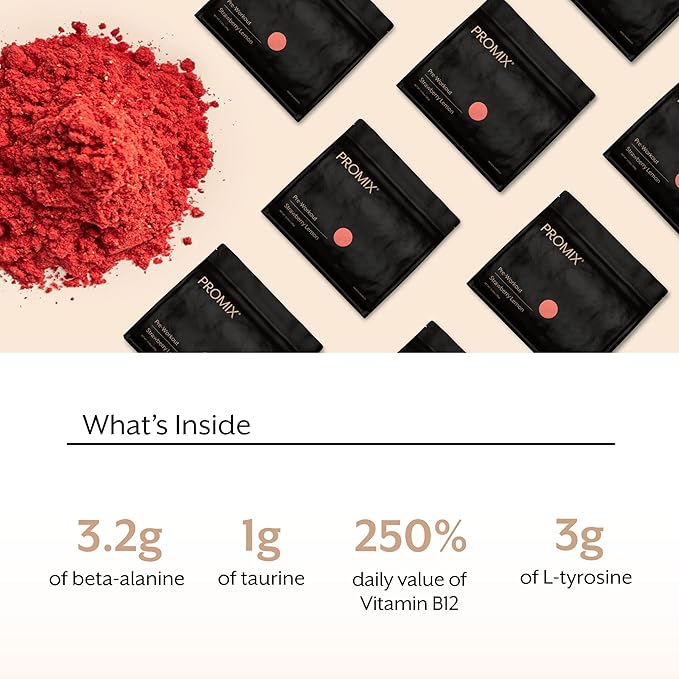 Promix Pre-Workout Powder, Strawberry Lemon - Maximize Focus & Performance - Helps Muscle Gain, Endurance & Enhanced Energy - Vitamin B12, Caffeine, Beta-Alanine & L-Tyrsosine - Gluten & Dairy-Free