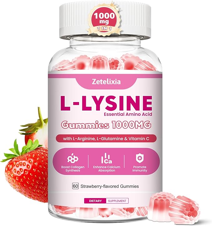 7-in-1 L-Lysine Gummies 1000mg, Lysine Gummies for Adults & Kids, Essential Amino Acid with L-Arginine, L-Glutamine, Vitamin for Lip & Skin, Immune, Calcium Absorption, Strawberry Flavor, 60Ct
