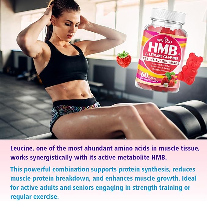 HMB and L-Leucine Gummies - 3000mg Combined HMB & L-Leucine per Serving. for Muscle Growth, Muscle Relief & Fast Recovery. Sugar-Free, Strawberry, 60 Gummies