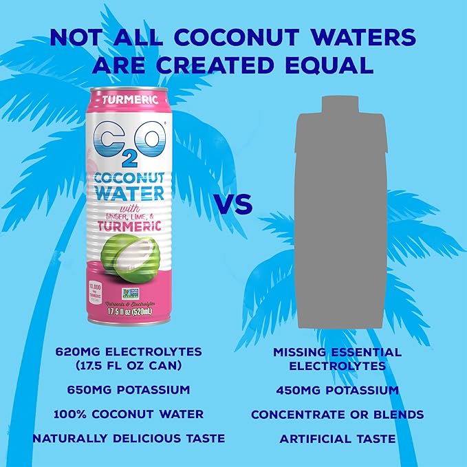C2O - Coconut Water with Ginger, Lime, & Turmeric (12 Pack) - Made with Fresh Coconut Water - Plant Based - Non GMO - Canned Water - Natural Hydration, Electrolytes, & Potassium - 12 Cans, 17.5 FL OZ