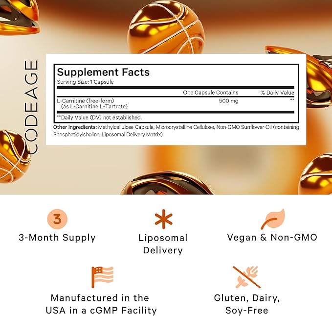 Codeage Liposomal L-Carnitine+ Supplement - 500 mg L-Carnitine L-Tartrate per Serving - Free-Form Amino Acid - Carnitine - Liposomal Delivery - Vegan, Non-GMO, Gluten-Free - 90 Capsules