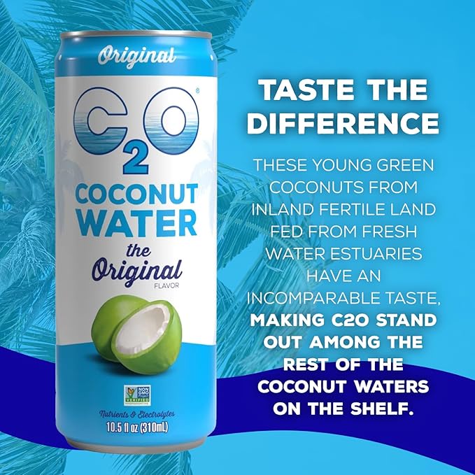 C2O - Coconut Water, The Original Flavor (12 Pack) - Made with Fresh Coconut Water - Plant Based - Non GMO - Canned Water - Natural Hydration, Electrolytes, & Potassium - 12 Slim Cans, 10.5 FL OZ