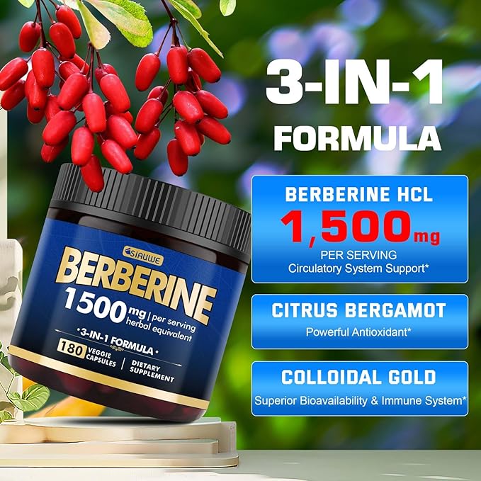 Berberine Supplement - Berberine Weight Loss, High-Potency Berberine 1500MG of Berberine HCL, Plus Citrus Bergamot - for Metabolic, Digestive, and Immune Support - Vegan, Non-GMO, 180 Capsules