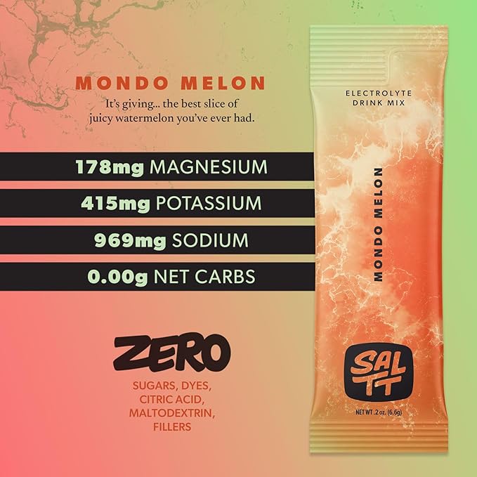 Keto Chow SALTT Electrolytes Powder Flavored Drink Mix - Mondo Melon - 30 Hydration Packets - Magnesium, Potassium, Sodium, Trace Minerals - Zero Sugar & Gluten Free - Travel Essentials