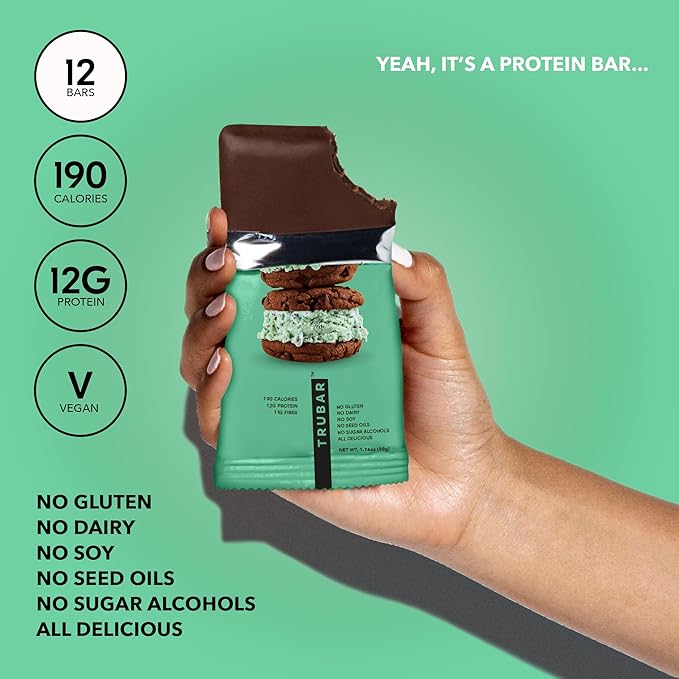 TRUBAR Vegan Protein Bar, It’s Mint to Be Chip, Gluten Free, Plant Based High Fiber, Dairy Free, Low Fat, Non GMO, No Sugar Alcohols, 12G Lean Protein, 13G Fiber, Healthy Snack Bars, 12 CT