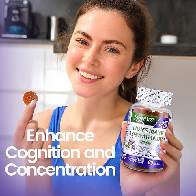 Ashwagandha & Lion's Mane Mushroom& Blueberry Gummies Vegan | Plant-Based Extracts | Non-GMO | Gluten-Free | Gelatin-Free Supports Cognitive and Memory Health