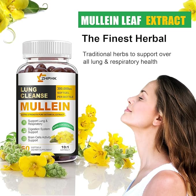 Mullein Leaf Extract for Lungs Softgels, Lung Detox Cleanse Respiratory Lung Support, Herbal Supplements for Smokers, Vegan, Non-GMO, Immune Digestive Support, 120-Count, 120 Days Supply