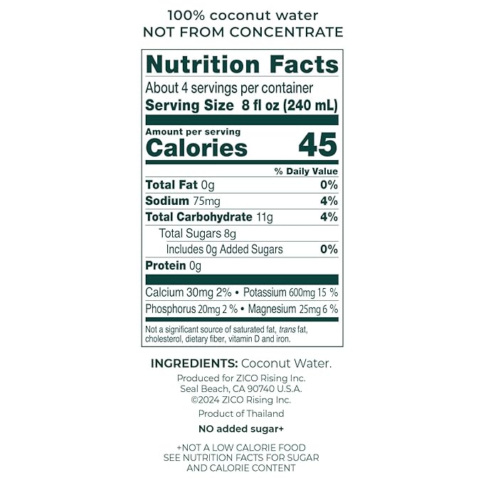 Zico 100% Coconut Water, No added Sugar, Refreshingly Delicious, Hydration with Electrolytes, 33.8 Fl Oz (Pack of 4)