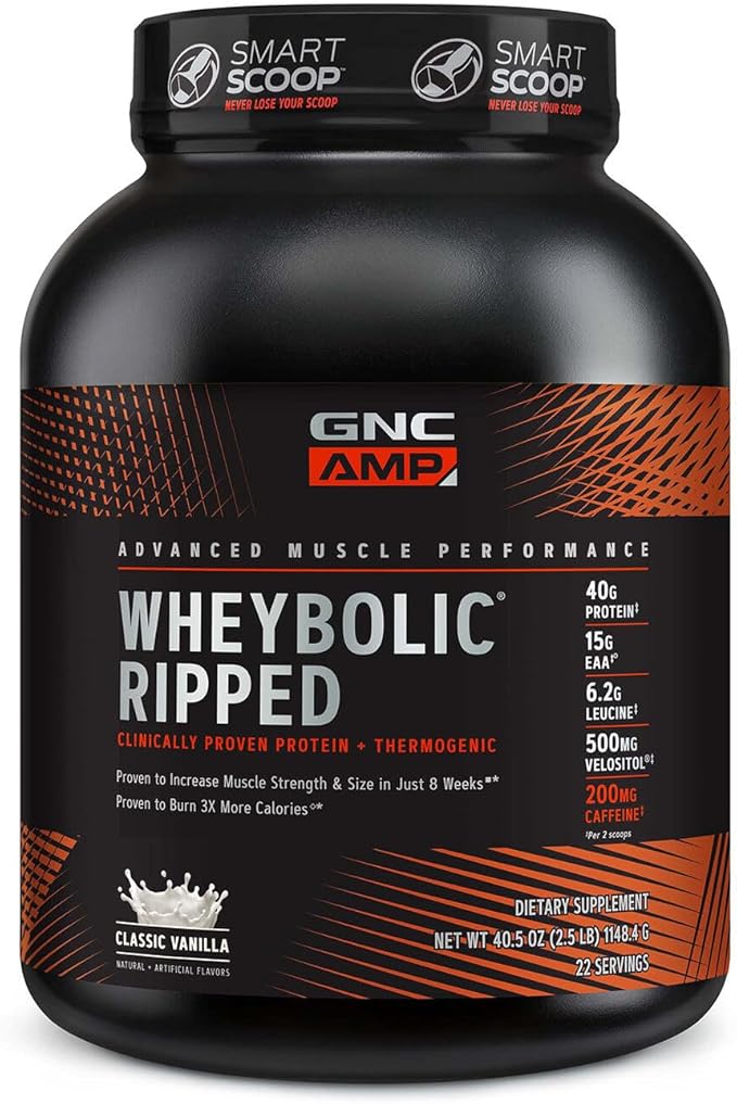 GNC AMP Wheybolic Ripped Protein Powder & Thermogenic Protein Supplement, Muscle Strength & Size, Energy & Endurance, 40g Protein, 6.2g Leucine, 15g EAA, Caffeine, Classic Vanilla, 22 Servings