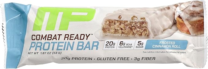 MusclePharm Combat Ready Protein Bar, Cinnamon Roll High Protein Bars, Combat Cravings, Fuel Performance & Meet Energy Demands, 20g Protein from Whey Protein, 3g Fiber, Gluten Free, 12 Bars