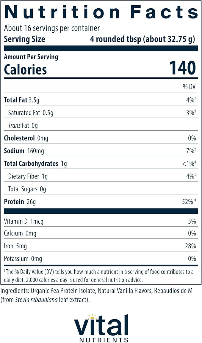 Vital Nutrients ProVeg Organic Pea Protein 524g | Vegan Pea Protein Powder | 23g Protein per Serving | Natural Vanilla Flavor | Gluten, Dairy, Soy Free | Non-GMO | 16 Servings