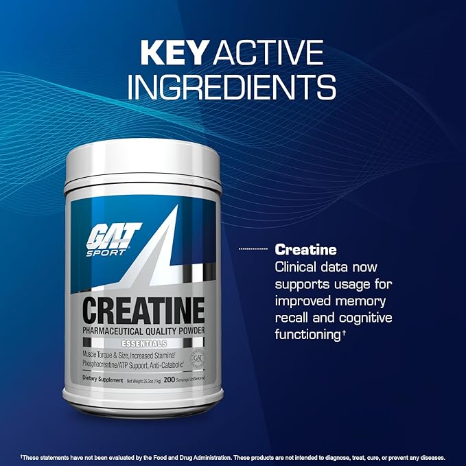 GAT SPORT Creatine Monohydrate Powder 1000 Grams, Strength, GLP1 Support, Brain Health, Anti-oxidant, Endurance, for Men & Women, 1 Kilo, Unflavored