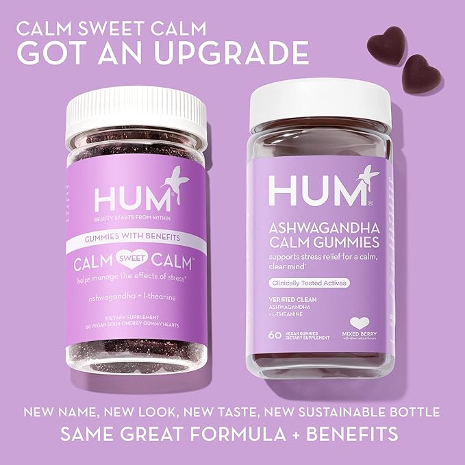 HUM Ashwagandha Calm- L-Theanine & Ashwagandha for Daily Relaxation & Mood Support - Mixed Berry Flavor (60-Count)