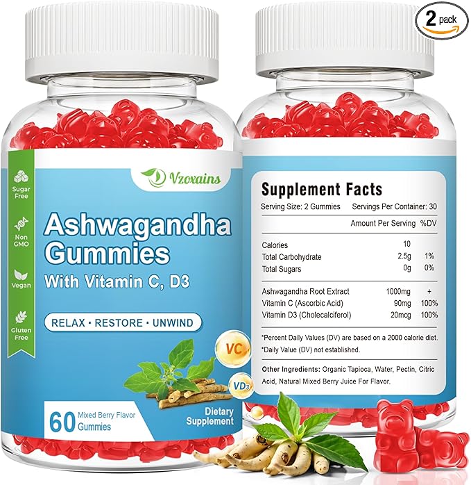 2 Pack Ashwagandha Gummies & Vitamin D Gummies for Women & Men - with Vitamin C for Support Calm Mood, Relaxation & Immune, 120 Mixed Berry Gummies