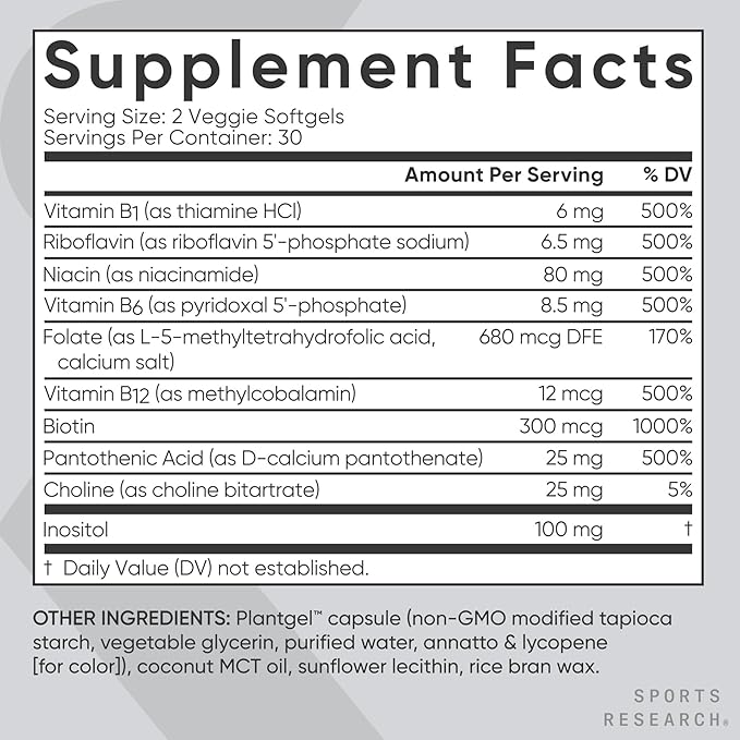 Sports Research Vitamin B-Complex - Full Spectrum of B Vitamins - Plant-Based Vegan-Friendly Formula - 60 Veggie Softgels