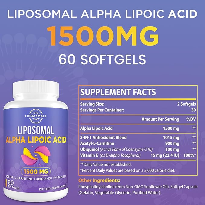 Liposomal Alpha Lipoic Acid 1500mg-with Acetyl-L-Carnitine 900mg& Ubiquinol 100mg& Vitamin E 15mg,ALA Supplement for Antioxidants Glucose Metabolism Nerve Energy Cardiovascular,60 Softgels