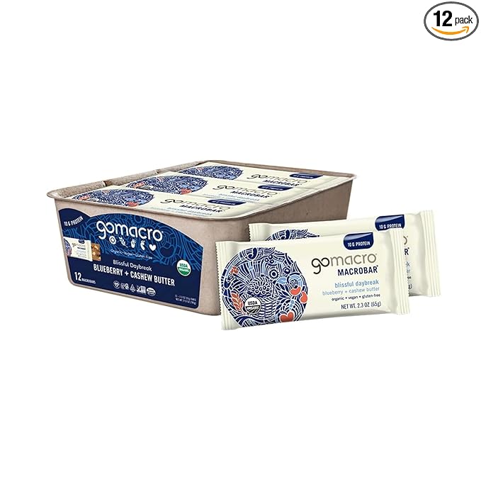 GoMacro Macrobar Organic Vegan Protein Bars - Blueberry + Cashew Butter (2.3 Ounce Bars (Pack of 12)