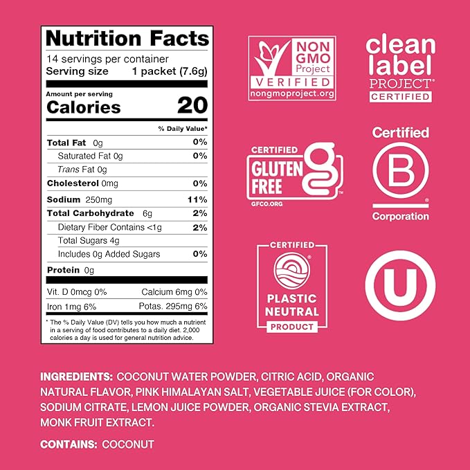 Cure Hydration | Plant-Based Electrolyte Drink Mix | No Added Sugar | FSA & HSA | Dehydration Relief Powder Made with Coconut Water | Non-GMO | Vegan | Pouch of 14 Packets - Tropical Punch