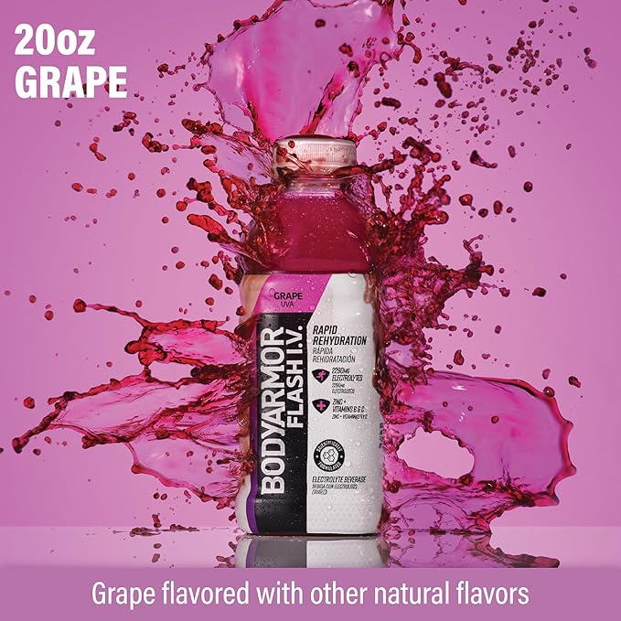 BODYARMOR Flash I.V. Electrolyte Beverage, Grape, Hydration Drink with Coconut Water For Rapid Rehydration, Post Workout Recovery, 20 Fl Oz (Pack of 12)
