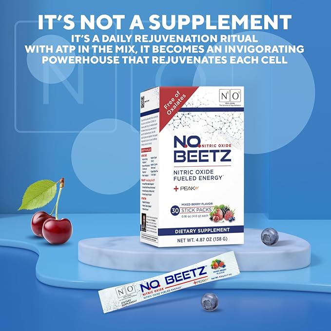 N.O. Beetz Nitric Oxide Supplement for Pre-Workout & Endurance | Beetroot, Peak ATP & Electrolytes for Energy & Hydration | Boosts Blood Flow & Muscle Recovery | No Mess, 30 Servings