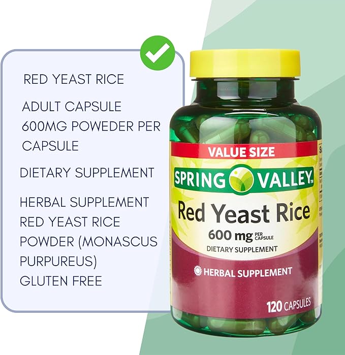 Spring Valley Red Rice Yeast 600mg, Red Yeast Rice Powder (Monascus purpureus), Dietary Supplement, Cholesterol, Gluten Free, Capsules for Adults 120 Count (Pack of 1)