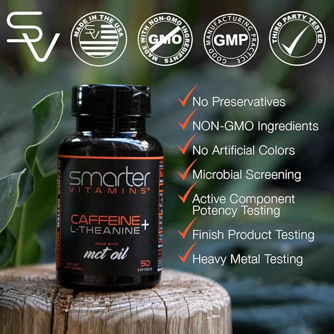 SmarterVitamins 200mg Caffeine Pills - MCT Oil from 100% Coconuts + 100mg L-Theanine, Energy and Focus, Extended Release Capsule, 50 Liquid Softgels