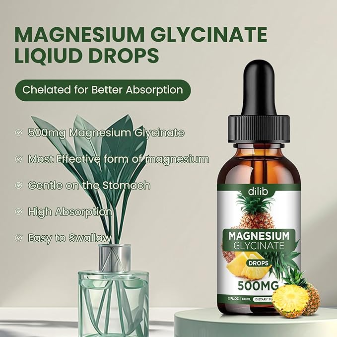 (2 Pack) Magnesium Glycinate Supplement, Liquid Magnesium Glycinate Liquid Drops 500mg-Support Stress Relief, Relaxation, Mood, Sleep, Bone & Muscle-4 Fl Oz, Vegan, Pineapple Flavor